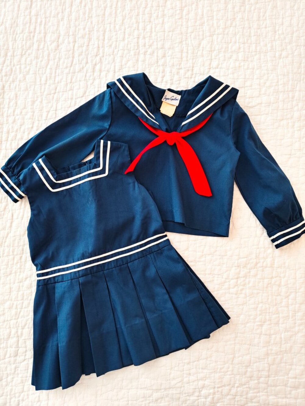 VTG Jayne Copeland Sailor Suit 2 Pc Set 2T 3T Navy Red Nautical Jacket Top Dress